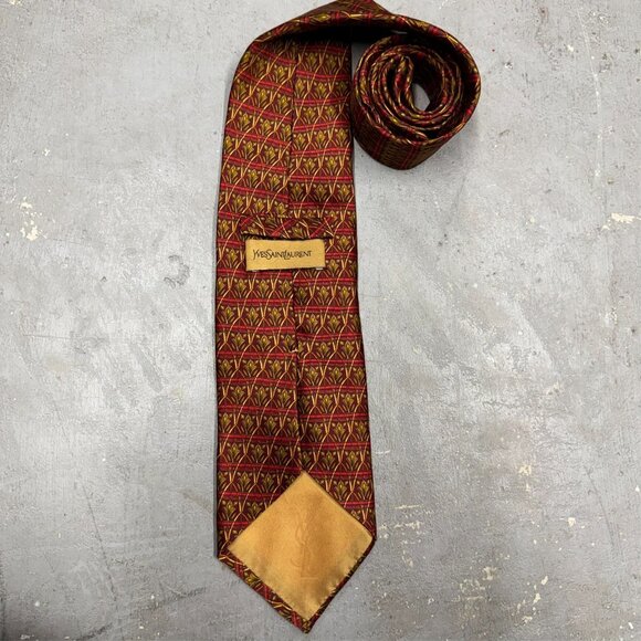Yves Saint Laurent Tie 100% Silk Satin Made in Italy Geometric Bronze 4" - Picture 3 of 6